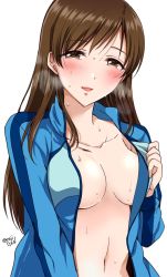Rule 34 | 1girl, areola slip, blue jacket, blush, breasts, brown eyes, brown hair, collarbone, commentary request, gen (enji), hand up, heavy breathing, idolmaster, idolmaster cinderella girls, jacket, long hair, long sleeves, looking at viewer, medium breasts, navel, nitta minami, no bra, open clothes, open jacket, parted lips, simple background, smile, solo, stomach, sweat, track jacket, twitter username, upper body, white background
