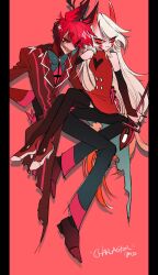 Rule 34 | 1boy, 1girl, alastor (hazbin hotel), arm around waist, black thighhighs, blonde hair, cane, charlie morningstar, colored sclera, commentary request, demon girl, demon horns, english text, formal, frown, glaring, grin, hand on another&#039;s shoulder, hazbin hotel, highres, holding, holding cane, horns, k38-km, long hair, official alternate costume, red background, red eyes, red hair, red sclera, sharp teeth, short hair, sitting, sitting on lap, sitting on person, smile, suit, teeth, thighhighs