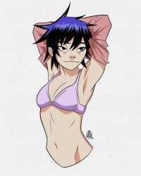 Rule 34 | 1girl, 2022, black eyes, blue hair, bra, breasts, commentary, cropped torso, english commentary, gorillaz, harrisartz, highres, navel, noodle (gorillaz), pink bra, short hair, signature, small breasts, smile, solo, underwear, undressing, upper body