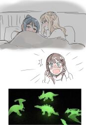 Rule 34 | 3girls, absurdres, blonde hair, blue eyes, blue hair, blush, brown hair, come under the blanket (meme), commentary request, dinosaur, embarrassed, glow-in-the-dark, green eyes, hair ornament, hairclip, highres, indoors, korean commentary, kurosawa dia, long hair, love live!, love live! sunshine!!, matsuura kanan, meme, multiple girls, ohara mari, on bed, one side up, pito (sh02327), ponytail, purple eyes, sexually suggestive, single hair ring, smile, sweat, under covers, yuri