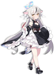 Rule 34 | absurdres, alternate costume, animal ears, blue archive, breasts, cleavage, closed mouth, commentary request, detached sleeves, frilled skirt, frills, full body, grey hair, guanlingzhi (crazy6), hair between eyes, hair ornament, halo, highres, kokona (blue archive), long hair, looking at viewer, pencil, shoes, simple background, skirt, small breasts, standing, white background