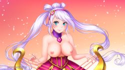 Rule 34 | 1girl, bare shoulders, blue eyes, blue hair, blush, breasts, burbur, cleavage, dress, green eyes, hair ornament, hairband, instrument, large breasts, league of legends, long hair, looking at viewer, nail polish, nipples, purple hair, silver hair, smile, solo, sona (league of legends), sweetheart sona, twintails