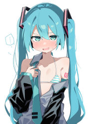Rule 34 | ..., 1girl, @ @, ahoge, aqua bra, aqua eyes, aqua hair, aqua necktie, bare shoulders, black sleeves, blush, bra, breasts, collarbone, commentary, detached sleeves, dot nose, double-parted bangs, flying sweatdrops, grey shirt, hair ornament, half-closed eyes, hatsune miku, headset, highres, long hair, looking at viewer, loose hair strand, maud0239, necktie, nose blush, open mouth, shirt, simple background, small breasts, smile, solo, spoken ellipsis, standing, striped bra, striped clothes, sweat, twintails, underwear, undressing, upper body, v-shaped eyebrows, very long hair, vocaloid, white background, white bra, wide sleeves