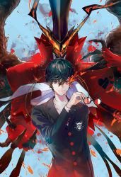 Rule 34 | 10s, 1boy, amamiya ren, arsene (persona 5), black hair, chain, fire, glasses, gloves, hat, highres, looking at viewer, male focus, mask, persona, persona 5, school uniform, short hair, smile, top hat, weapon, wings, yooani
