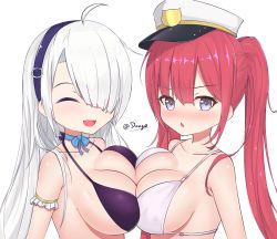Rule 34 | 2girls, bad id, bad pixiv id, bare shoulders, blue eyes, blush, breast press, breasts, collarbone, copyright request, cp2980606, hair over one eye, large breasts, long hair, looking at viewer, multiple girls, open mouth, pectoral docking, pectoral press, sideboob, silver hair, simple background, smile, symmetrical docking, tagme, twintails, twitter username, upper body, white background