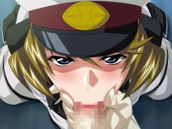 Rule 34 | 00s, 1girl, :&gt;=, blonde hair, blue eyes, censored, fellatio, game cg, grabbing another&#039;s chin, gundam, gundam seed, gundam seed destiny, hand on another&#039;s chin, hand on head, looking at viewer, mosaic censoring, oral, penis, pov, short hair, solo focus, soul foundation, takapiko, talia gladys