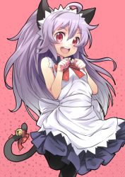 Rule 34 | 1girl, :d, ahoge, animal ears, black pantyhose, blush, borrowed character, cat ears, cat tail, cornet-san (angelo), long hair, maid, maid headdress, open mouth, original, pantyhose, pink background, purple hair, red eyes, shift (waage), smile, solo, star (symbol), starry background, tail