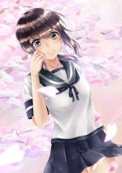 Rule 34 | 10s, 1girl, adjusting hair, aira (qwedcxza49), arm behind back, black eyes, black hair, black sailor collar, black skirt, cherry blossoms, dutch angle, female focus, fubuki (kancolle), highres, kantai collection, looking at viewer, low ponytail, neck, petals, pleated skirt, ponytail, sailor collar, school uniform, serafuku, short hair, short ponytail, short sleeves, sidelocks, skirt, smile, solo, standing, upskirt