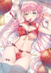 Rule 34 | 1girl, armpits, arms up, bare arms, bare shoulders, bed sheet, bra, breasts, cleavage, double bun, garter straps, green eyes, hair bun, heart, heart-shaped pupils, highres, lantern, large breasts, lingerie, long hair, looking at viewer, lying, miwabe sakura, mouth hold, navel, on back, on bed, original, panties, paper lantern, pink hair, red bra, red panties, single thighhigh, skindentation, smile, solo, stomach, strap pull, string panties, symbol-shaped pupils, tassel, thigh gap, thighhighs, thighs, underwear, underwear only, very long hair, white thighhighs