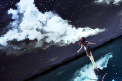 Rule 34 | 1girl, barefoot, black skirt, cloud, cloudy sky, dutch angle, from behind, hyoketu001, lake, light particles, long hair, original, outdoors, reflection, revision, ripples, scenery, shirt, short sleeves, skirt, sky, solo, standing, wading, white shirt