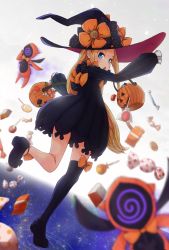 Rule 34 | 1girl, abigail williams (fate), back, blonde hair, blue eyes, blush, bow, candy, dress, fate/grand order, fate (series), food, hat, highres, jack-o&#039;-lantern, kopaka (karda nui), lollipop, long hair, looking at viewer, mary janes, open mouth, purple dress, purple thighhighs, shoe soles, shoes, single thighhigh, sleeves past wrists, solo, thighhighs, witch hat