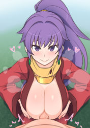 Rule 34 | arc the lad, blush, breast hold, breasts, breath, censored, cleavage, earrings, heart, highres, japanese clothes, jewelry, kaz (shade), kneeling, kukuru (arc the lad), large breasts, long hair, mosaic censoring, necklace, paizuri, penis, perpendicular paizuri, ponytail, purple eyes, purple hair, scarf, simple background, smile