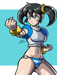 Rule 34 | 10s, 1girl, 2019, angry, black hair, blue background, blue eyes, blue panties, blue shirt, blush, borrowed character, bracelet, breasts, dated, erika-chan, fighting stance, highres, january, jewelry, long hair, medium breasts, midriff, navel, open mouth, panties, puffy sleeves, shirt, short sleeves, simgart, standing, striped clothes, striped panties, twintails, underwear, white panties, white shirt