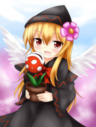 Rule 34 | 1girl, black dress, blonde hair, blue sky, blush, bow, cloud, crossover, dress, flower, hair flower, hair ornament, hat, highres, holding, lily black, lily white, long hair, looking at viewer, mario (series), nintendo, open mouth, piranha plant, plant, potted plant, purple background, red eyes, ribbon, sky, touhou, wings, yuyumi (yuurei)