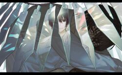 Rule 34 | 2boys, black eyes, black hair, coat, glass shards, highres, lab coat, leaning forward, limbus company, long sleeves, looking at viewer, mirror, multiple boys, multiple persona, project moon, reflection, satome setsuko, shirt, white coat, white shirt, wings, yi sang (project moon)