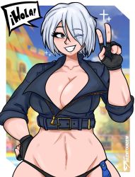 Rule 34 | angel (kof), breasts, gloves, highres, jacket, large breasts, mexico, smile, spanish text, the king of fighters, the king of fighters xv, white hair