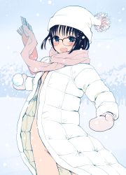 Rule 34 | 1girl, :d, absurdres, black hair, blue eyes, blush, breasts, coat, female focus, glasses, hanamizawa q-tarou, hat, highres, mittens, naked coat, open clothes, open coat, open mouth, original, outdoors, pink scarf, scarf, small breasts, smile, snow, snowball, snowing, solo, white coat, white hat