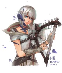 Rule 34 | 1girl, arm guards, au ra, bard (final fantasy), blue eyes, dated, dragon horns, final fantasy, final fantasy xiv, fingerless gloves, gloves, harp, horns, instrument, lips, looking at viewer, petals, scales, short hair, signature, silver hair, smile, solo, tuanzi miao, upper body, white background