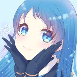 Rule 34 | 1girl, black gloves, blue background, blue eyes, blue hair, blush, closed mouth, commentary request, dated, gloves, hands up, kantai collection, long hair, looking at viewer, samidare (kancolle), signature, smile, solo, tsukimochikuriko (tsukimochi k), upper body
