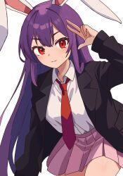 Rule 34 | 1girl, black jacket, blazer, blush, closed mouth, collared shirt, cowboy shot, highres, jacket, kv-san, long hair, long sleeves, necktie, open clothes, open jacket, pink skirt, pleated skirt, purple hair, red eyes, red necktie, reisen udongein inaba, shirt, simple background, skirt, smile, solo, touhou, v, very long hair, white background, white shirt