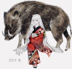 Rule 34 | 1girl, 2019, animal, bad id, bad tumblr id, boar, chinese zodiac, commentary request, floral print, highres, hime cut, japanese clothes, kimono, long hair, long sleeves, looking at viewer, original, oversized animal, parted lips, print kimono, shirone (coxo ii), simple background, solo, very long hair, white background, white hair, wide sleeves, year of the pig