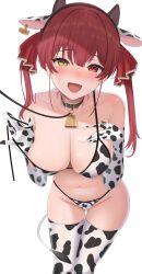Rule 34 | 1girl, animal ears, animal print, bare shoulders, bell, bikini, blush, breasts, cleavage, collar, cow ears, cow horns, cow print, cow print bikini, cow tail, cowbell, ear tag, embarrassed, fake horns, fang, gloves, hair ribbon, heterochromia, highres, hololive, horns, houshou marine, large breasts, leash, long hair, looking at viewer, neck bell, open mouth, print bikini, print gloves, print thighhighs, red eyes, red hair, ribbon, solo, strap pull, sweat, swimsuit, tail, thighhighs, tojo aoi, twintails, virtual youtuber, yellow eyes