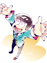 Rule 34 | 10s, 1boy, bowl cut, brown hair, dossei, dutch angle, formal, from above, heart, heart in mouth, highres, male focus, matsuno jyushimatsu, necktie, osomatsu-kun, osomatsu-san, osomatsu (series), outstretched arms, simple background, smile, solo, suit, white background, wide-eyed, yellow eyes