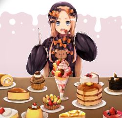 Rule 34 | 1girl, abigail williams (fate), black bow, black dress, black hat, blonde hair, blue eyes, blueberry, bow, cake, cake slice, cheesecake, cherry, commentary request, dress, fate/grand order, fate (series), food, food focus, forehead, fork, fruit, fruit tart, hair bow, hat, holding, holding fork, holding knife, knife, long hair, long sleeves, looking at viewer, open mouth, orange bow, pancake, pancake stack, parfait, parted bangs, plate, polka dot, polka dot bow, pudding, sitting, sleeves past fingers, sleeves past wrists, solo, strawberry, stuffed animal, stuffed toy, table, tart (food), teddy bear, teeth, upper teeth only, very long hair, whipped cream, woumu