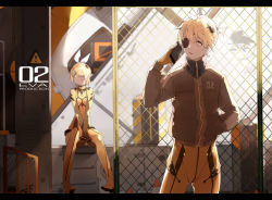 Rule 34 | !, 1boy, 1girl, between legs, blonde hair, bow, brother and sister, cellphone, eyepatch, fence, hair bow, hand between legs, hand in pocket, indoors, jacket, kagamine len, kagamine rin, letterboxed, looking away, mecha, neon genesis evangelion, nine (liuyuhao1992), phone, plugsuit, robot, short hair, siblings, sitting, smartphone, smile, twins, vocaloid, yellow eyes, zipper