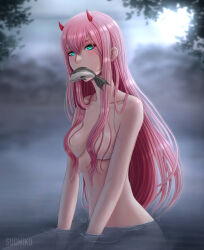 Rule 34 | 1girl, blue eyes, completely nude, darling in the franxx, fish, hair censor, horns, mouth hold, nude, partially submerged, pink hair, solo, suoniko, zero two (darling in the franxx)