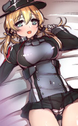 Rule 34 | 10s, 1girl, blonde hair, gloves, hat, highres, kantai collection, long hair, lying, open mouth, panties, peaked cap, pleated skirt, prinz eugen (kancolle), shiba nanasei, skirt, smile, solo, twintails, underwear, uniform, white panties