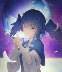 Rule 34 | 1girl, ^ ^, bird wings, blue capelet, blue gemstone, blue hair, brooch, capelet, closed eyes, collared dress, commentary, dress, english commentary, facing viewer, falling petals, feathered wings, field, final fantasy, final fantasy xiv, flower, flower field, from side, gem, hands up, happy tears, head wings, highres, interlocked fingers, jewelry, long sleeves, meteion, mt (ringofive), own hands together, parted lips, petals, planet, short hair, smile, solo, space, tears, upper body, white dress, wings