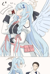 Rule 34 | 1boy, 1girl, ?, blue archive, blue hair, blue wings, braid, closed eyes, cup, disposable cup, drinking, gloves, halo, hat, highres, hinoshita akame, juliet sleeves, long hair, long sleeves, mine (blue archive), necktie, nurse cap, pointy ears, puffy sleeves, sensei (blue archive), twin braids, white gloves, wings
