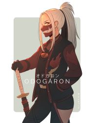 Rule 34 | 1girl, character name, contemporary, gloves, hair ribbon, half mask, hand in pocket, jacket, koyorin, long hair, looking at viewer, mask, monster hunter, monster hunter: world, monster hunter (series), mouth mask, odogaron, open clothes, open jacket, personification, ponytail, ribbon, short shorts, shorts, simple background, solo, standing, sword, weapon, white hair, yellow eyes