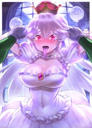 Rule 34 | 1girl, blush, boo (mario), breasts, brooch, cleavage, colored tongue, commentary request, covered navel, crown, dress, earrings, embarrassed, frilled dress, frills, gloves, hair between eyes, highres, holding another&#039;s wrist, indoors, jewelry, large breasts, long hair, long tongue, looking at viewer, luigi, luigi&#039;s mansion, mario (series), new super mario bros. u deluxe, night, nintendo, nose blush, open mouth, pale skin, pink eyes, pov, pov hands, princess king boo, puffy short sleeves, puffy sleeves, purple tongue, sharp teeth, short sleeves, silver hair, solo focus, super crown, teeth, tongue, tongue out, very long hair, wavy mouth, white dress, white gloves, window, yapo (croquis side)