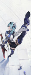 Rule 34 | 1girl, absurdres, arched back, black hairband, black headband, blue gloves, blue hair, blue necktie, blue thighhighs, butterfly hair ornament, commentary request, eula (genshin impact), feet, flexible, from above, full body, genshin impact, gloves, greatsword, hair ornament, hairband, hand on own foot, headband, high-waist shorts, highres, le (huanglongen), legs, looking at viewer, medium hair, necktie, outdoors, shoes, unworn shoes, shorts, solo, split, standing, standing on one leg, standing split, sword, thighhighs, tiptoes, toes, vision (genshin impact), weapon, wolf&#039;s gravestone (genshin impact)