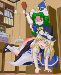Rule 34 | 2girls, angry, ass, blonde hair, blush, book, braid, butt crack, crying, crying with eyes open, desk, dress, ghost tail, gloom (expression), green eyes, green hair, hair brush, hair ribbon, hat, jiggle, keyneq, kirisame marisa, long hair, looking back, mima (touhou), multiple girls, open mouth, panties, panty pull, ribbon, shaded face, shoes, spanked, spanking, tears, thighhighs, touhou, touhou (pc-98), turn pale, underwear, wavy mouth, yellow eyes