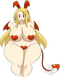 Rule 34 | 1girl, blonde hair, breasts, demon girl, disgaea, earrings, fat, female focus, flonne, flonne (fallen angel), hair ornament, heart, heart maebari, heart pasties, huge breasts, jewelry, long hair, maebari, navel, nude, open mouth, pasties, pointy ears, red eyes, simple background, solo, standing, tail, white background, wide hips, wings, zeon (pixiv722928)