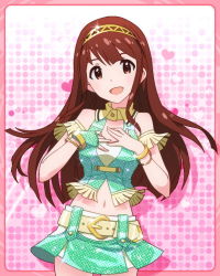 Rule 34 | 10s, 1girl, :d, armlet, bracelet, brown eyes, brown hair, female focus, fingerless gloves, gloves, hairband, heart, idolmaster, idolmaster million live!, jewelry, kawakami tetsuya, long hair, looking at viewer, lots of jewelry, official art, open mouth, pink background, single glove, skirt, smile, solo, tanaka kotoha