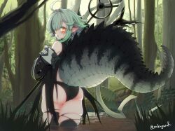 Rule 34 | 1girl, ahoge, arknights, ass, blush, cowboy shot, crocodilian tail, detached sleeves, forest, green background, grey hair, highres, holding, holding staff, hood, hood down, large tail, long sleeves, looking at viewer, looking back, mikagura, nature, open mouth, outdoors, pointy ears, reptile girl, short hair, solo, staff, standing, star-shaped pupils, star (symbol), symbol-shaped pupils, tail, thighhighs, tomimi (arknights), torn clothes, torn thighhighs, wading, water, wetland, yellow eyes