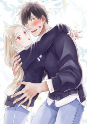 Rule 34 | 1boy, 1girl, absurdres, aran sweater, black hair, blonde hair, blush, cable knit, commentary request, couple, denim, earrings, from side, hetero, highres, jeans, jewelry, kiss, kudo, lipstick mark, long hair, matching outfits, original, pants, red eyes, revision, short hair, sweater, yellow eyes