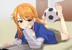 Rule 34 | 1girl, :t, ball, barefoot, blue jacket, blurry, blurry background, blush, brown shorts, commentary request, depth of field, eyelashes, feet, feet up, full body, grey shirt, hand up, head rest, highres, holding with feet, idolmaster, idolmaster cinderella girls, indoors, jacket, legs, long hair, long sleeves, lying, makaizou (yawo87), manga (object), on stomach, orange hair, pink eyes, reading, shiny skin, shirt, shorts, soccer ball, soles, solo, swept bangs, the pose, thighs, toes, uneven eyes, yuuki haru