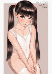Rule 34 | 1girl, blush, brown eyes, brown hair, chitose (zenkou), covered navel, dated, flat chest, hair bobbles, hair ornament, long hair, one-piece swimsuit, original, sitting, solo, swimsuit, thighhighs, twintails, v arms, white one-piece swimsuit, white thighhighs, zenkou
