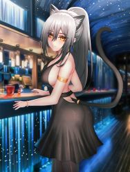Rule 34 | 1girl, absurd fox, absurdres, alternate costume, animal ears, arknights, black dress, blush, bracelet, breasts, cat ears, cat girl, cat tail, closed mouth, dress, earrings, highres, jewelry, large breasts, long hair, looking at viewer, pantyhose, ponytail, schwarz (arknights), self-upload, solo, tail, yellow eyes