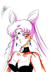 Rule 34 | 1girl, aged up, bishoujo senshi sailor moon, bishoujo senshi sailor moon r, black lady (sailor moon), chibi usa, cone hair bun, crescent, crescent facial mark, crystal earrings, double bun, earrings, expressionless, facial mark, forehead mark, hair bun, highres, jewelry, lipstick, long hair, makeup, marco albiero, marker (medium), pink eyes, pink hair, red lips, shirt, signature, solo, traditional media, twintails, upper body, white background