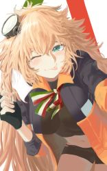 Rule 34 | 1girl, bike shorts, black gloves, blonde hair, blush, breasts, fingerless gloves, flag, girls&#039; frontline, gloves, green eyes, hair between eyes, hairband, hand up, highres, holding, holding flag, italian flag, large breasts, long hair, looking at viewer, messy hair, navel, one eye closed, orange hairband, reaching, reaching towards viewer, s.a.t.8 (girls&#039; frontline), sd bigpie, sidelocks, simple background, skirt, smile, solo, stomach, thighs, tongue, tongue out, very long hair, white flag