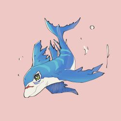 Rule 34 | absurdres, blue skin, colored skin, digimon, digimon (creature), dolphin, fins, full body, green eyes, highres, notaventura, pink background, rukamon, scar, scar on face, simple background, solo