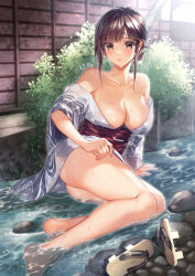 1girl blush breasts brown_eyes brown_hair bush collarbone embarrassed floral_print geta hair_up hand_on_floor highres japanese_clothes kimono large_breasts long_hair looking_at_viewer multicolored_kimono original outdoors parted_bangs plant river solo suihei_sen thighs yukata