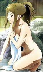 Rule 34 | 00s, 1girl, breasts, female focus, from side, fujino shizuru, highres, legs together, medium breasts, my-hime, nude, onsen, sideboob, smile, solo, squatting, tagme, towel
