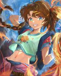 Rule 34 | 1girl, absurdres, arm behind head, arm up, backpack, bag, bandaged arm, bandages, blue eyes, blue pants, boxing gloves, braid, breasts, brown hair, commentary, cowboy shot, double bun, english commentary, fire, grin, hair between eyes, hair bun, hair ornament, hairclip, highres, long hair, looking at viewer, low twin braids, midriff, nadenadesuki, navel, pants, parted bangs, reverse:1999, shirt, short sleeves, sidelocks, small breasts, smile, solo, spathodea (reverse:1999), standing, t-shirt, teeth, twin braids